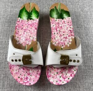 Vintage Style Hand Painted Floral Wooden Clogs White Leather Hydrangea Sandals